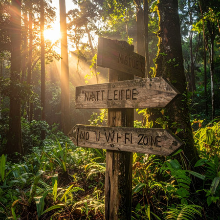 In the heart of a lush forest, golden sunrise beams illuminate a rustic wooden signpost.の素材