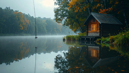 A warm light glows from the window of a secluded wooden cabin, offering a cozy refuge on the edge of a tranquil lake.の素材
