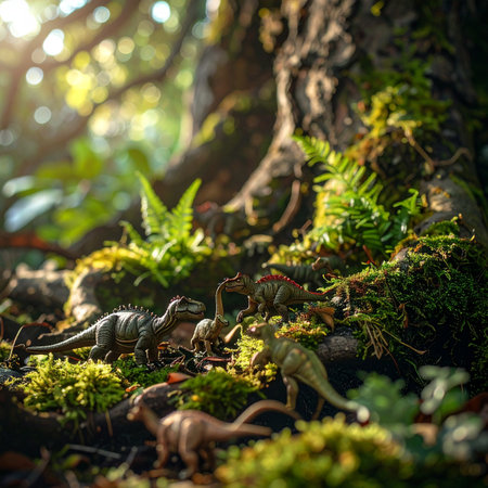 A pack of miniature toy raptors navigates a sun-dappled, ancient forest. The lush moss and ferns create a realistic tiny world, evoking a sense of adventure and discovery from a primeval era.の素材