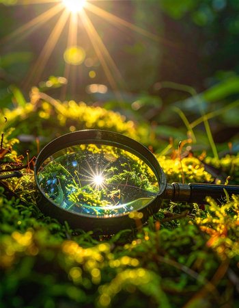 A magnifying glass rests on a lush bed of green moss, capturing the brilliant sunburst of a new day.の素材