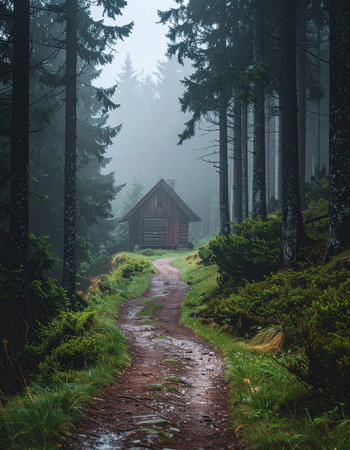 A muddy path winds through a dense, foggy forest, leading to a secluded wooden cabin.の素材