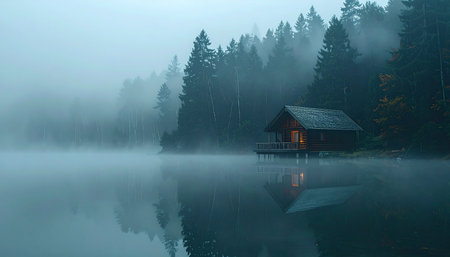 A solitary wooden cabin glows with a warm, inviting light on the edge of a still, misty lake.の素材