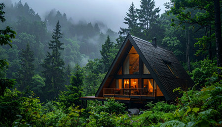 As mist settles over the dense evergreen forest, the warm glow from a secluded A-frame cabin offers a welcoming sanctuary.の素材