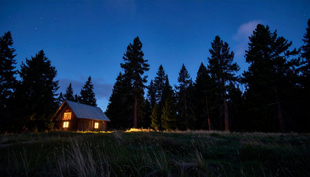 As twilight deepens into night, a secluded wooden cabin offers a warm, glowing sanctuary amidst the silent, dark pine forest.の素材