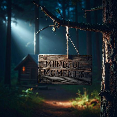 A rustic wooden sign reading 'Mindful Moments' hangs from a branch, illuminated by a mystical beam of light in a deep, enchanted forest.の素材