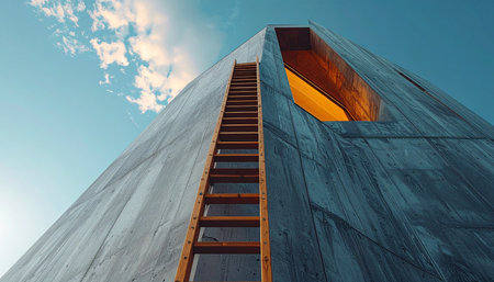 A low-angle view captures a long ladder ascending the weathered metal facade of a futuristic building.の素材