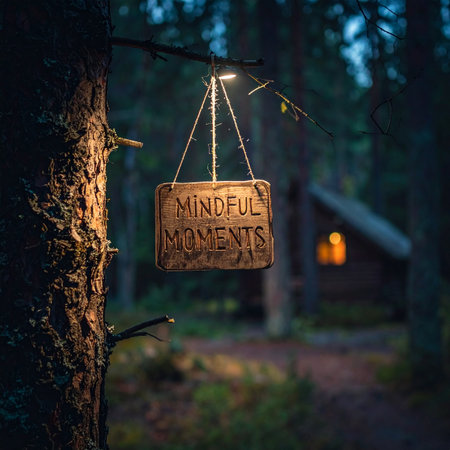 Deep in a quiet forest at dusk, a small light illuminates a rustic wooden sign that reads 'Mindful Moments.の素材