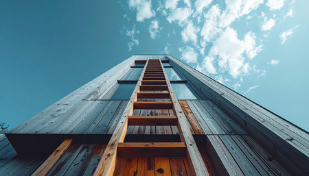 From a low angle perspective, a wooden ladder leans against a modern metal facade, reaching up towards a vast blue sky with scattered clouds.の素材