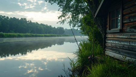 The world is still and silent as dawn breaks over the tranquil river. Mist gently rises from the water's surface, partially veiling the forest on the opposite bank.の素材