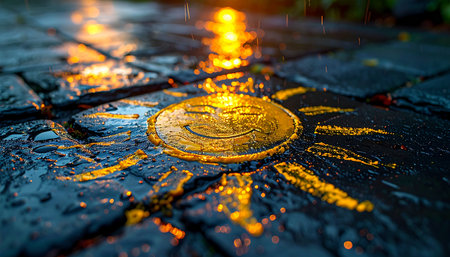 In the heart of a rain-slicked ancient city street, a mysterious golden sun medallion glows with an inner fire.の素材