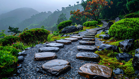 Follow the ancient, wet stepping stones as they wind their way up a misty mountainside.の素材