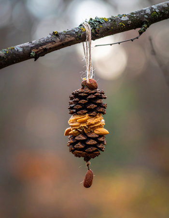 A simple, homemade pinecone bird feeder hangs from a mossy branch, offering a nutritious treat to wild birds.の素材