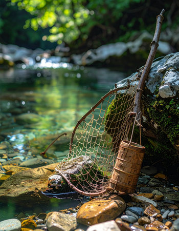 Sunlight filters through a lush green canopy, illuminating traditional fly fishing gear set against the bank of a pristine river.の素材
