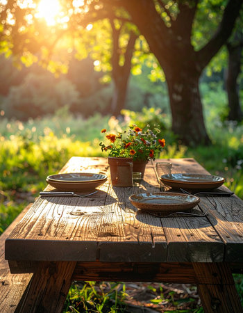 A rustic wooden table is set for a simple meal in a tranquil garden, bathed in the warm, golden light of a setting sun.の素材