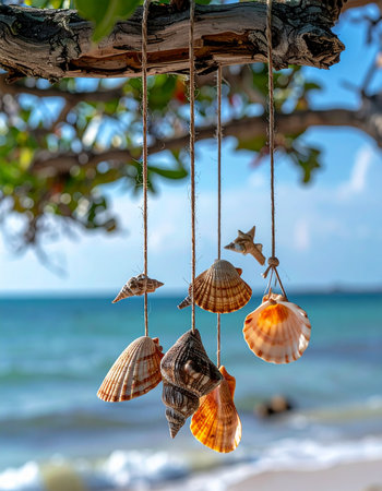 Gentle sea breezes rustle a handmade seashell wind chime, creating a soft, melodic sound against the backdrop of a tranquil tropical beach.の素材