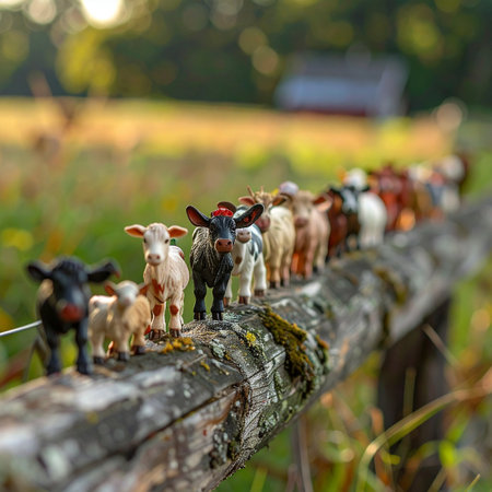 A charming collection of miniature cow figurines stands in a neat line along a weathered wooden fence.の素材