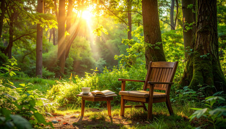 A quiet reading nook is nestled in a serene forest glade, bathed in the warm, golden light of the morning sun.の素材