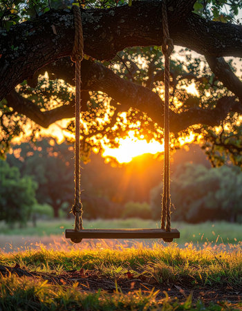 An empty rope swing hangs from a majestic oak tree, silhouetted against a breathtaking golden sunset.の素材