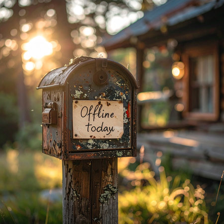A weathered mailbox stands in the warm glow of a setting sun, nestled in a tranquil, wooded setting.の素材
