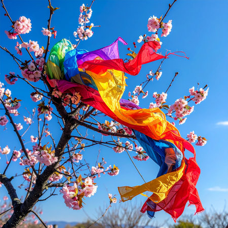 A symbol of joy and freedom, a colorful rainbow scarf flutters in the wind, caught in the branches of a blooming cherry tree.の素材