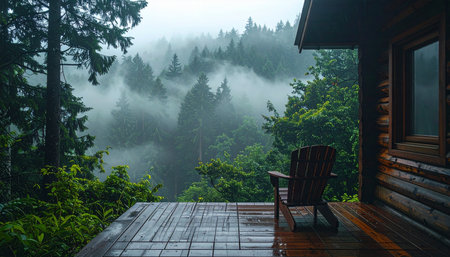A quiet, rainy morning on the wooden porch of a rustic log cabin.の素材