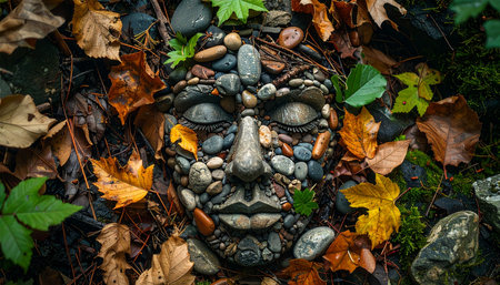 A serene face, crafted from river stones and pebbles, emerges from a bed of vibrant autumn leaves on the forest floor.の素材