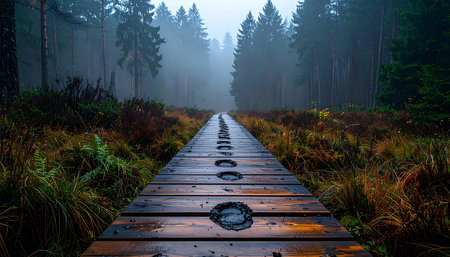 A wet wooden boardwalk creates a clear path leading deep into a mysterious, foggy forest.の素材