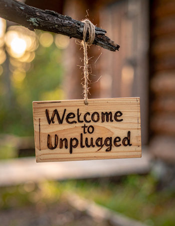 A rustic, hand-carved wooden sign hangs from a tree branch, warmly inviting visitors to disconnect.の素材