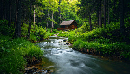 A rustic wooden cabin sits nestled deep within a lush, green forest, offering a perfect retreat from modern life.の素材