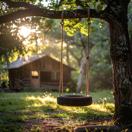 A classic tire swing hangs from a sturdy tree branch, bathed in the warm, golden light of a summer evening.の素材