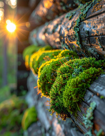 The last rays of the golden hour sun catch the vibrant green moss clinging to the weathered logs of an old cabin.の素材