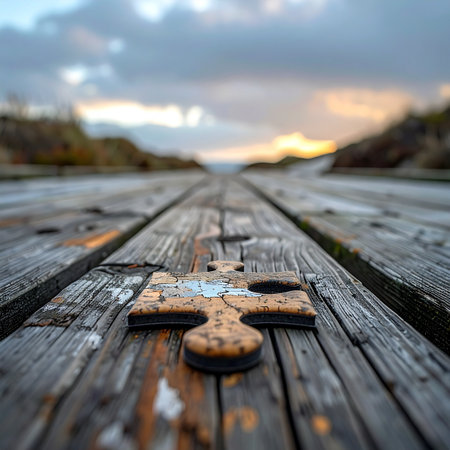 A lone jigsaw puzzle piece rests on a weathered wooden boardwalk, a symbol of a missing link or the final step in a long journey.の素材