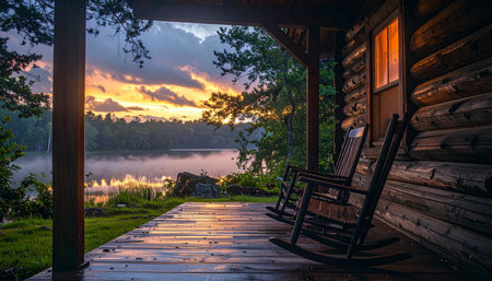 The first light of dawn paints the sky in warm hues, viewed from the quiet comfort of a rustic log cabin porch.の素材