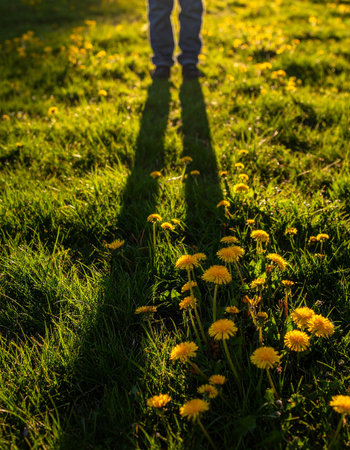As the sun sets, a person stands in a vibrant field of dandelions, casting a long shadow across the golden-lit grass. A moment of quiet contemplation and connection with nature at the end of the day.の素材