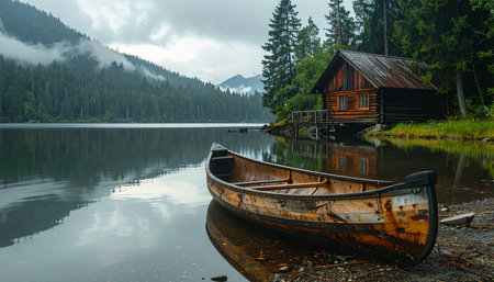 A weathered canoe rests on the shore of a still, reflective mountain lake, waiting for its next journey.の素材