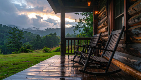 After a gentle evening rain, the wet wooden porch of a rustic log cabin reflects the warm glow of a dramatic sunset.の素材
