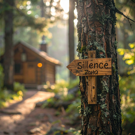 A handmade wooden sign points the way towards a secluded cabin nestled deep in a tranquil forest.の素材