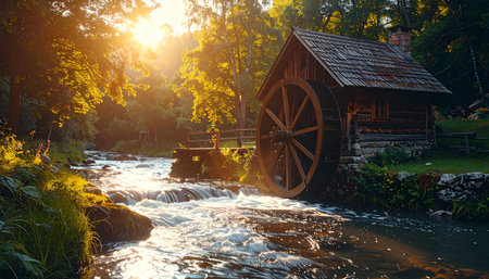 The golden light of a setting sun filters through the dense forest canopy, illuminating an old, rustic watermill.の素材