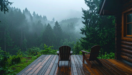 Two empty chairs on a wet wooden deck look out over a misty forest on a rainy day.の素材