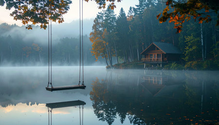 An empty swing hangs silently over the still, misty waters of a secluded lake at dawn.の素材
