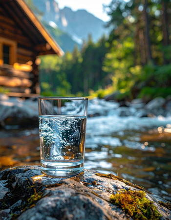A crystal-clear glass of pure mountain spring water rests on a mossy rock beside a rushing stream.の素材