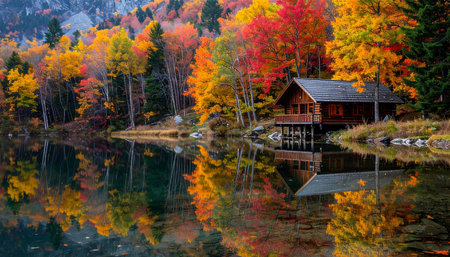 A secluded wooden cabin rests on the shore of a calm lake, perfectly reflecting the fiery reds, oranges, and yellows of the surrounding autumn forest.の素材