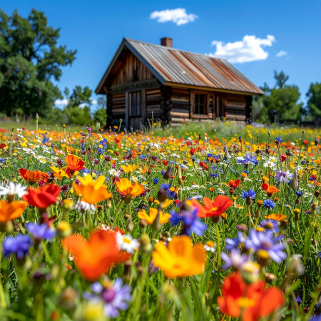 An old rustic log cabin sits peacefully in a vibrant meadow bursting with a kaleidoscope of colorful wildflowers under a clear blue summer sky.の素材