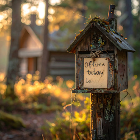 Tucked away in a sun-dappled forest, a weathered wooden message box stands as a silent keeper of secrets.の素材