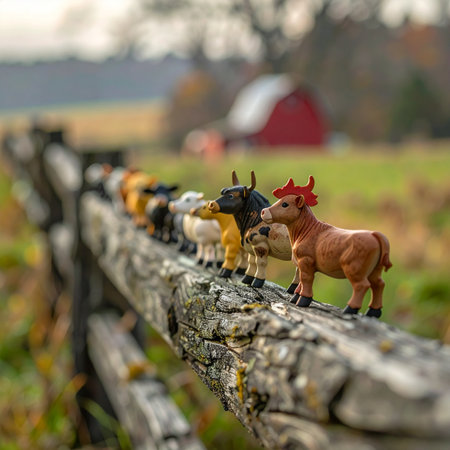 A whimsical collection of miniature toy farm animals embarks on an imaginary journey, lined up in a neat row on a weathered, rustic wooden fence.の素材