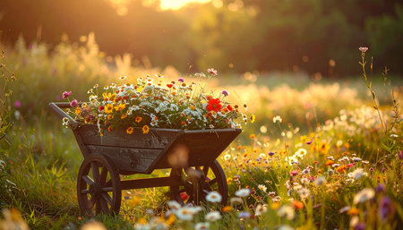 An old wooden wheelbarrow, brimming with freshly picked wildflowers, rests in a sun-drenched meadow.の素材