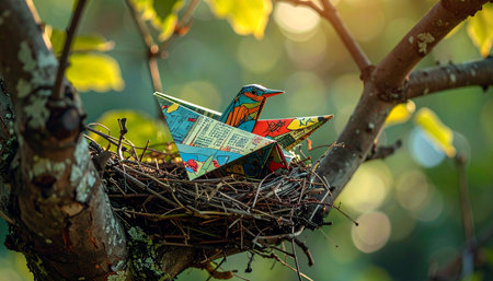 In a quiet corner of the sun-dappled forest, a colorful origami bird finds an unexpected home.の素材