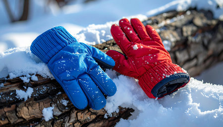 A vibrant red and a cool blue glove lie forgotten on a snow-dusted log, a colorful testament to a day of winter play.の素材