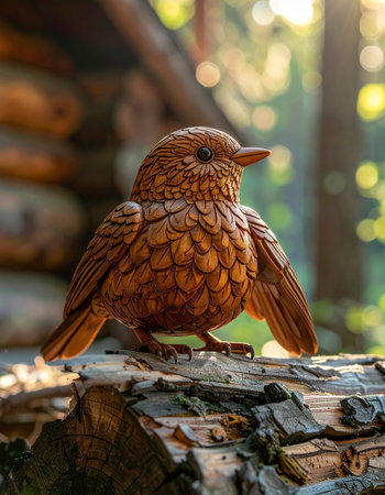 A beautifully detailed, hand-carved wooden bird sits peacefully on a rustic log.の素材