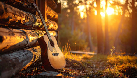 As the golden sun sets through the forest trees, an acoustic guitar rests against a rustic log cabin.の素材